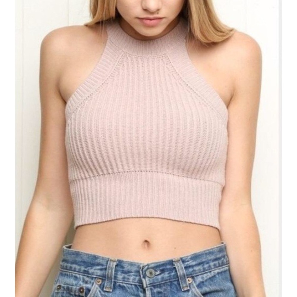 Brandy Melville Pink Knit High Neck Ribbed Sleeveless Sweater Tank Crop‎ Top OS - Picture 2 of 8